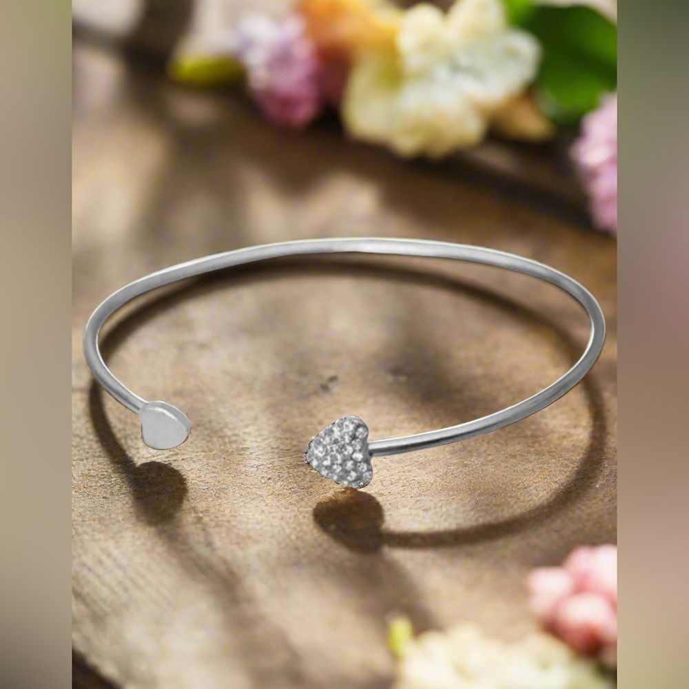 TINGN Stainless Steel Womens Cute CZ Love Tiny Heart Open Cuff Bangle Bracelet